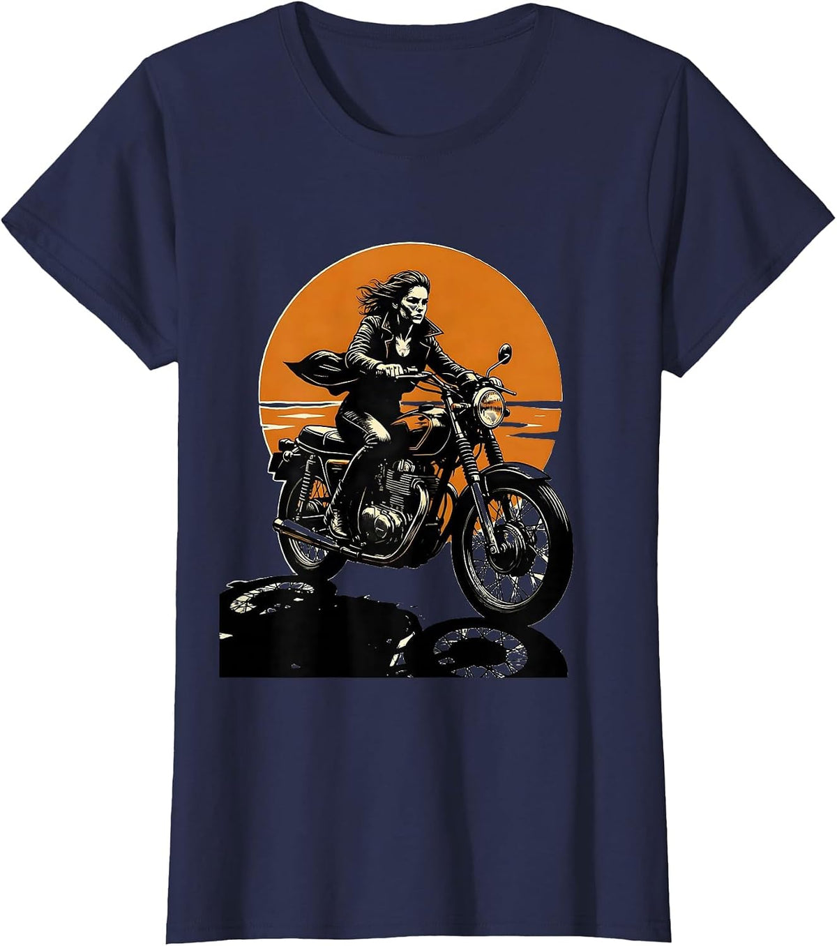Women's Female Biker Silhouette Sunset Motorcycle Design T-Shirt - Navy Blue