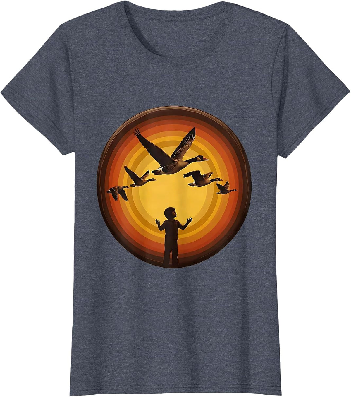 Women's Fall Boys Child Watching Geese Fly V Formation T-Shirt - Heather Blue