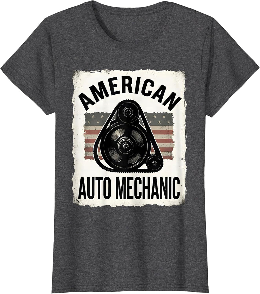 Women's American Auto Mechanic Patriotic Mechanic Gift for Tradesmen T-Shirt - Dark Heather Grey