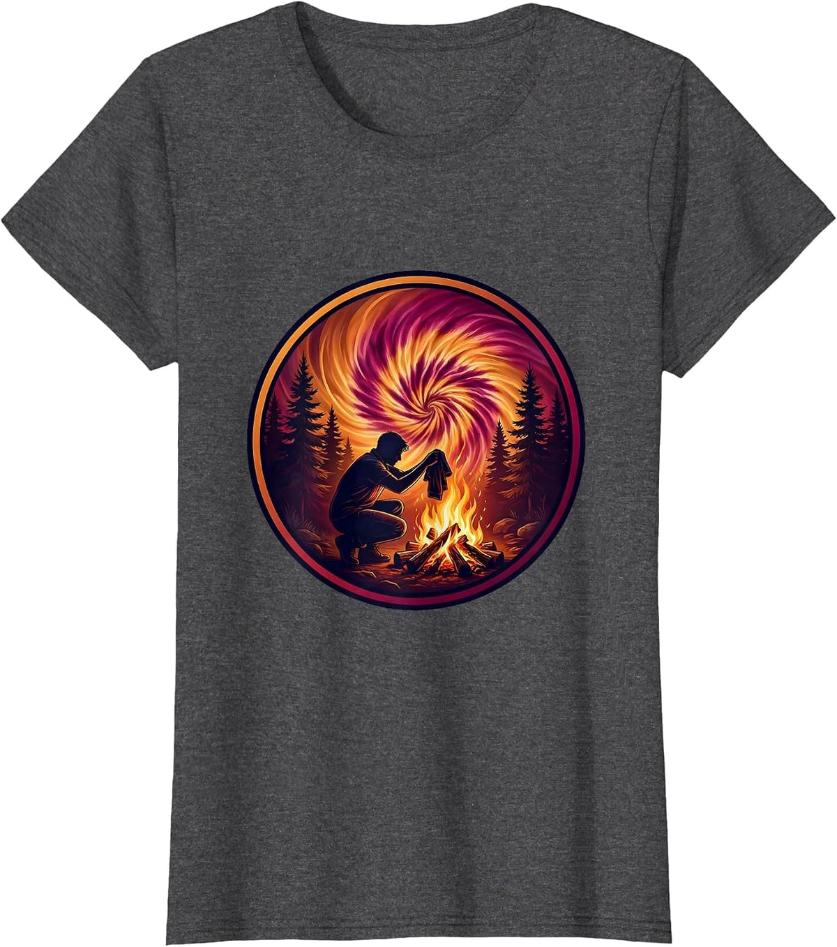 Women's Tie Dye Campfire Forest Graphic T-Shirt - Dark Heather Grey