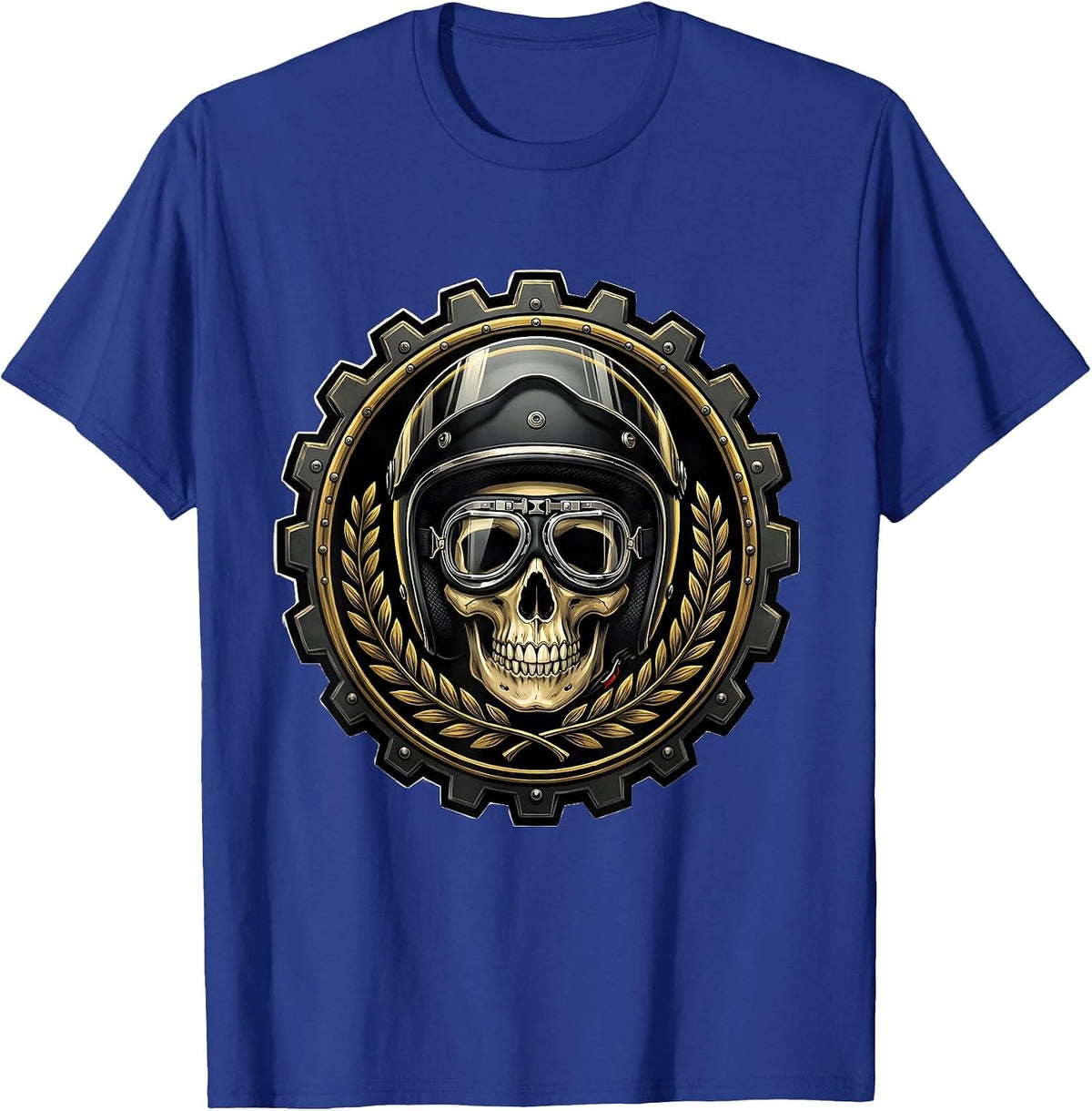 Skull Motorcycle Helmet and Goggles Biker Graphic T-Shirt - Royal Blue