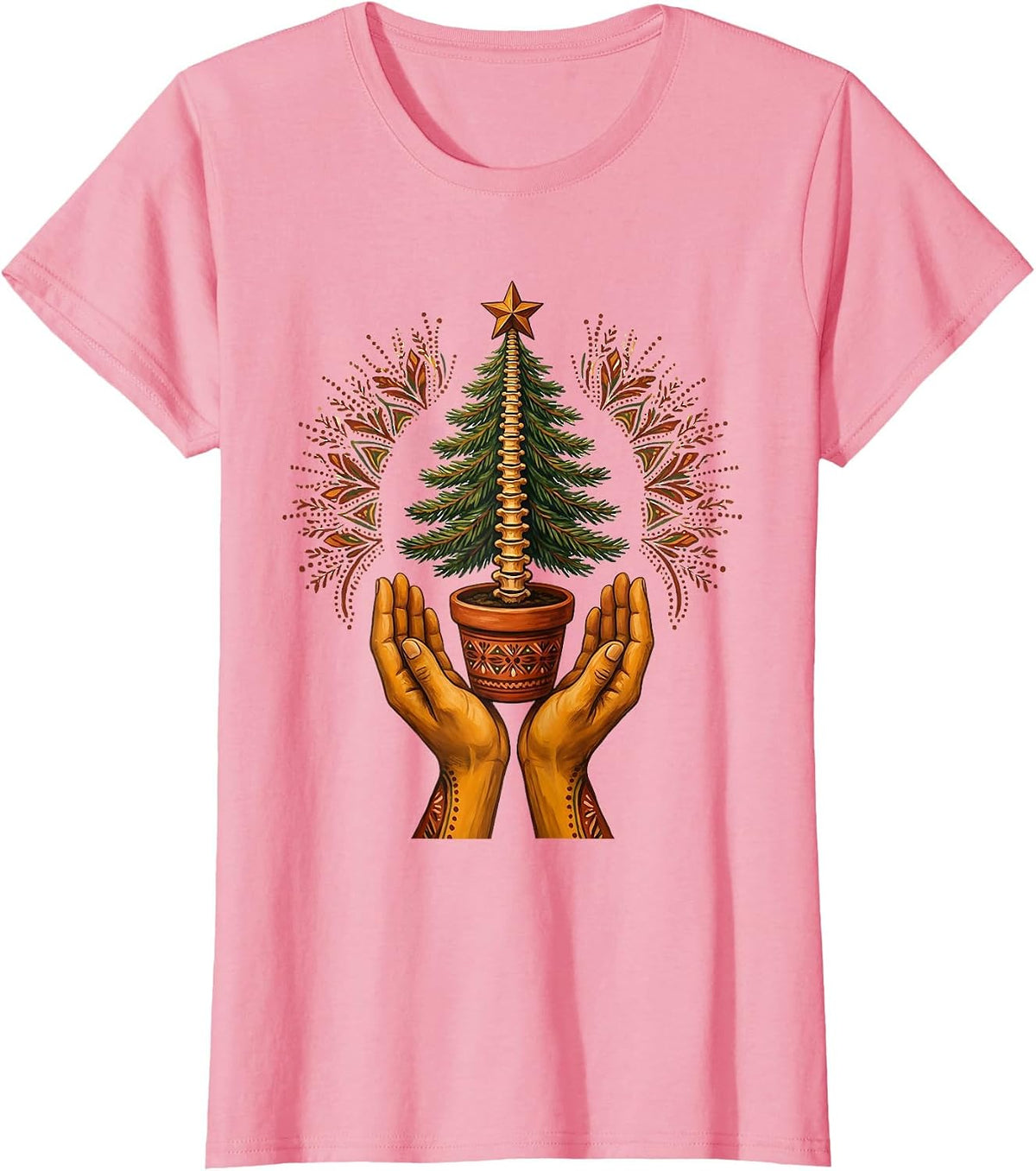 Women's Symmetrical Hands Offering Evergreen Folk Art Chiropractor T-Shirt - Pink