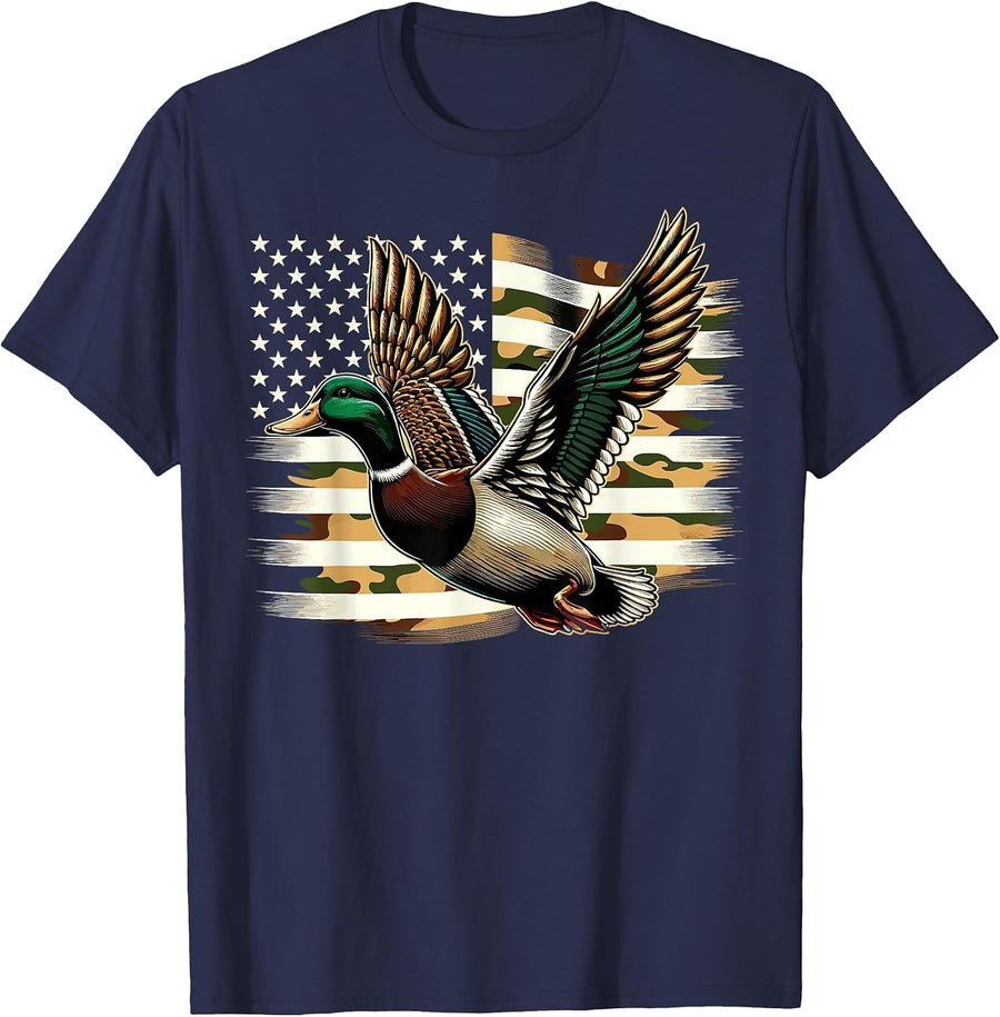 Duck Hunter Camouflage American Flag Hunting T-Shirt - Navy Blue