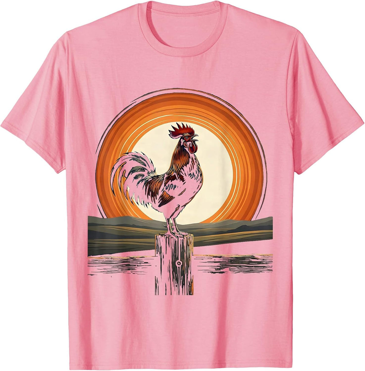 Men's Rooster Crowing on Fence Post Graphic T-Shirt - Pink