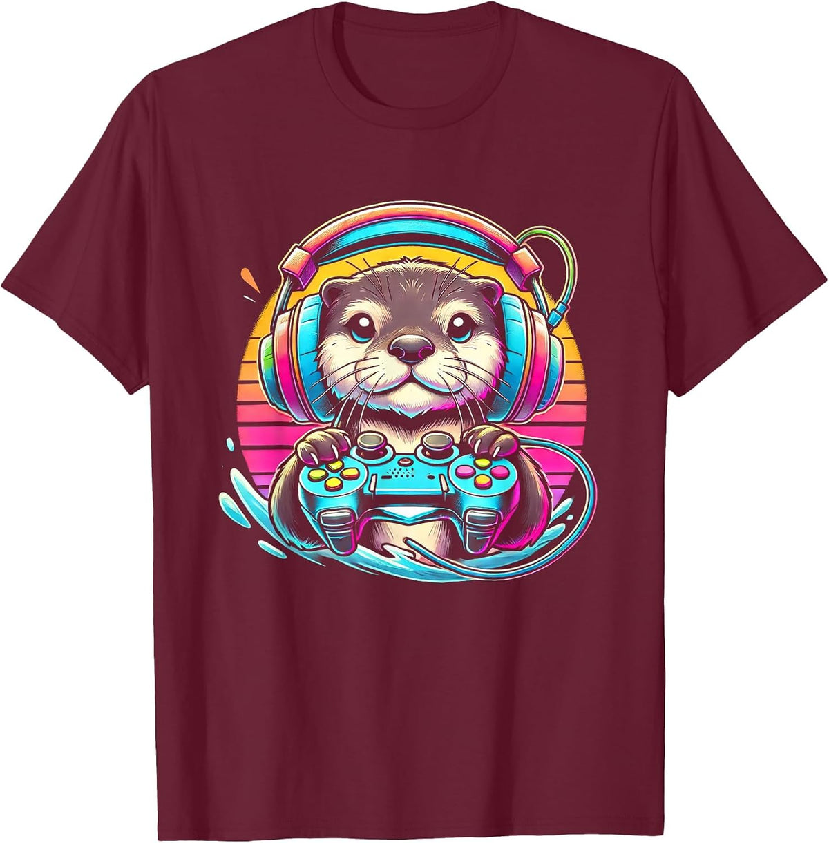 Otter Funny Video Game Controller T-Shirt - Burgundy