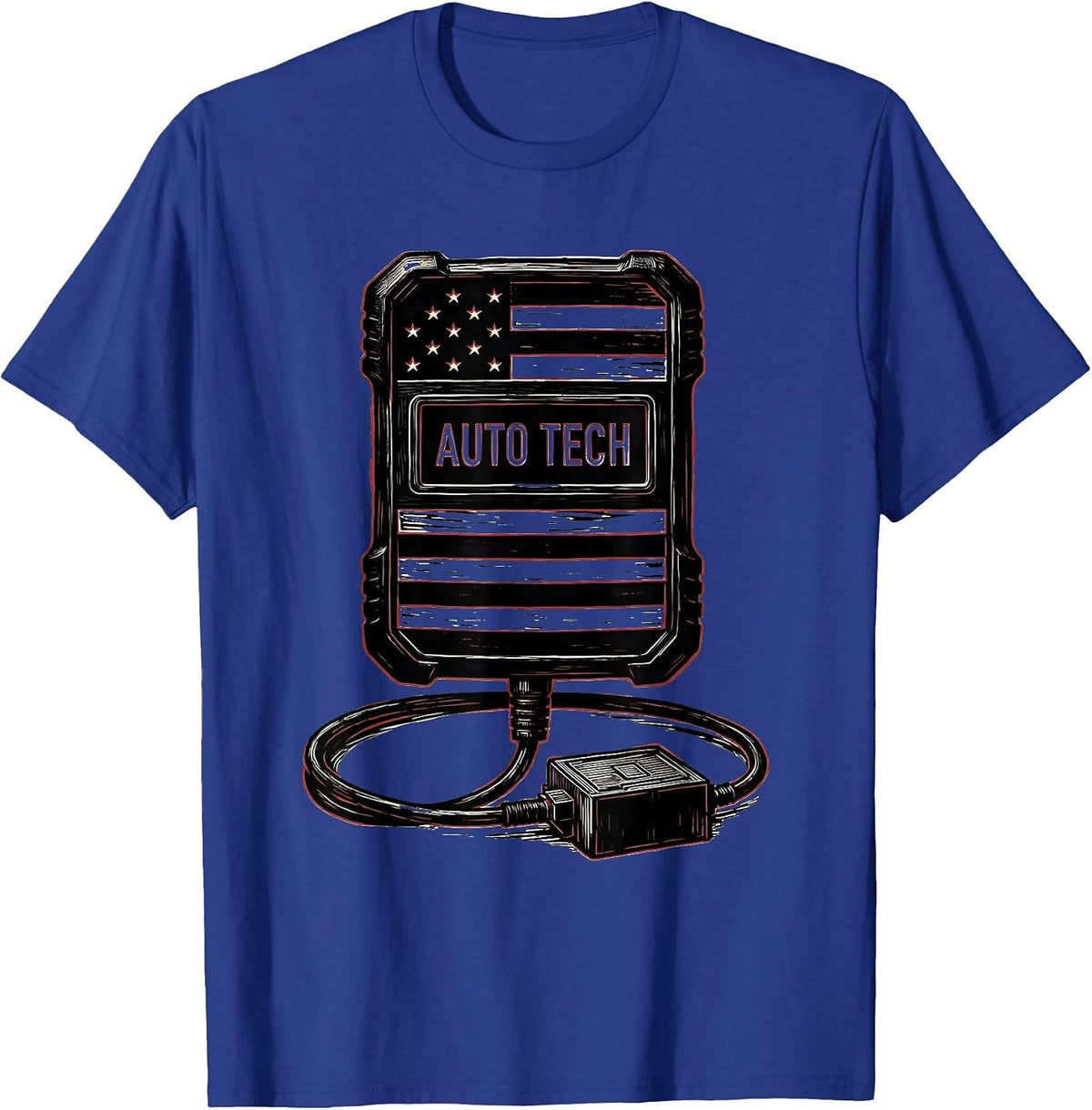 Men's Auto Tech Linocut American Flag Mechanic Gift for Oilfield T-Shirt - Royal Blue