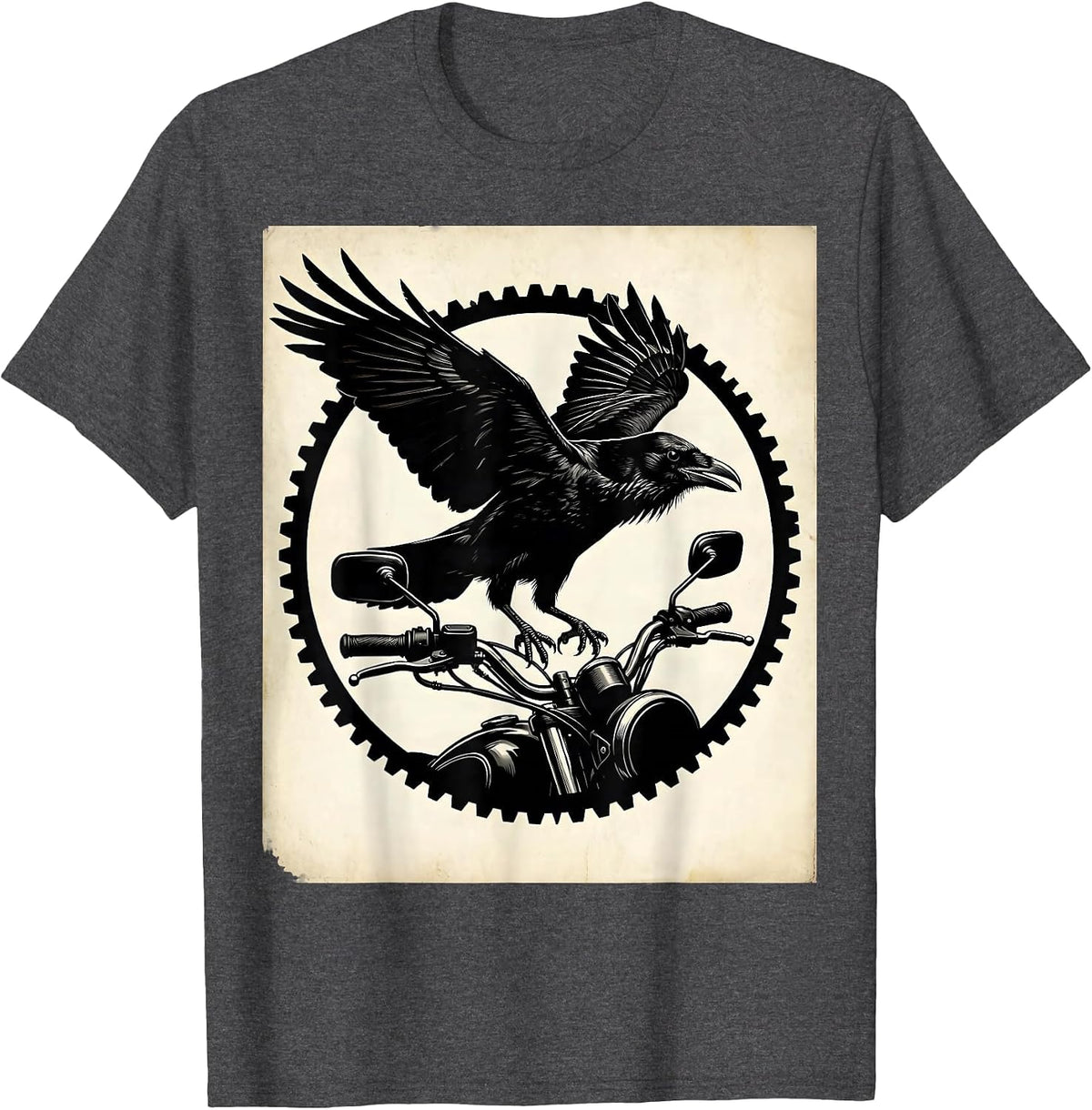 Raven on Rusted Motorcycle Handlebar Biker Art T-Shirt - Dark Heather Grey
