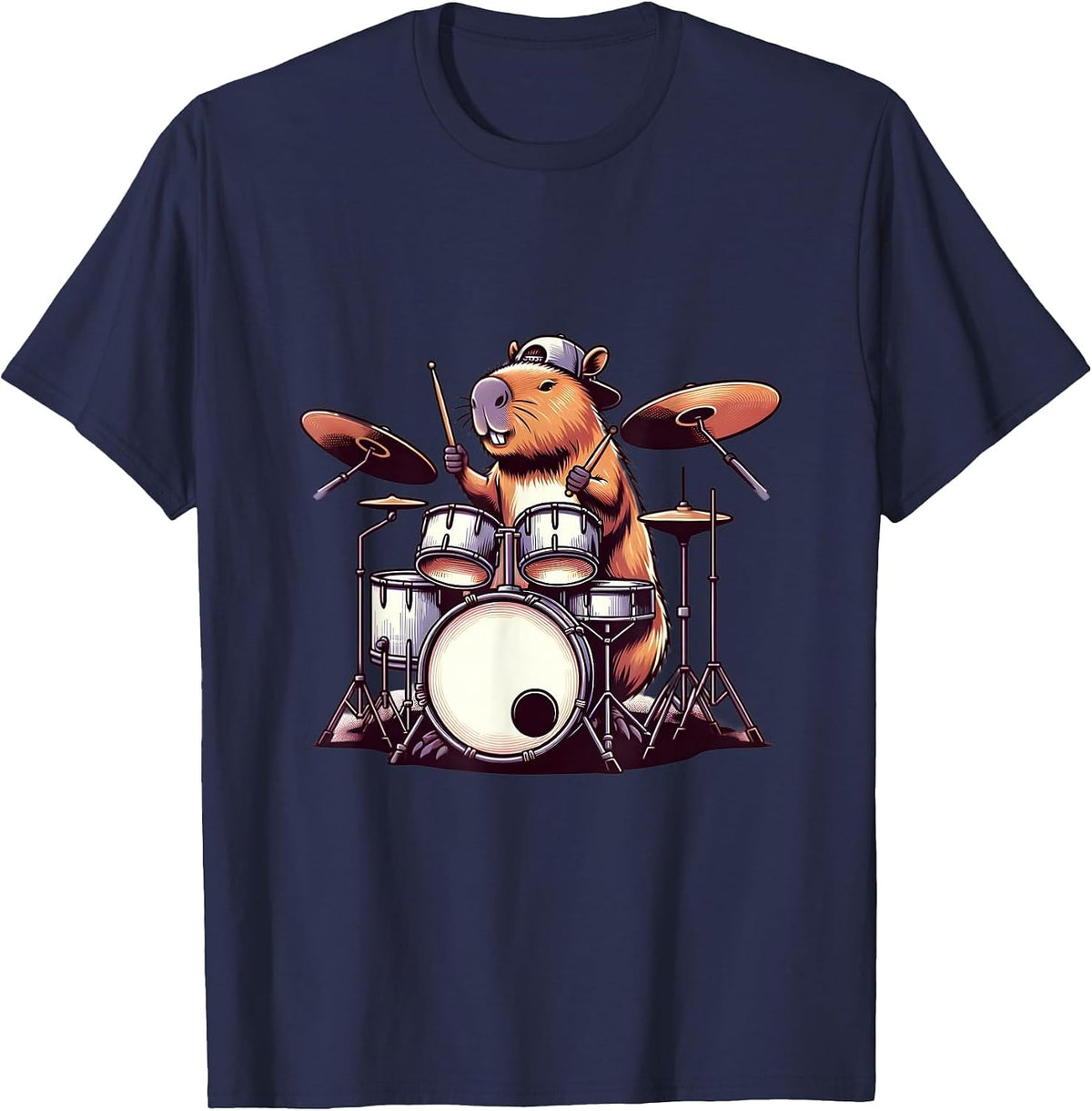 Capybara Playing Drums Drumming Lover Graphic Funny Drummer T-Shirt - Navy Blue