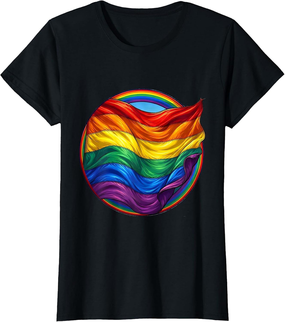 Rainbow Pride Flag Unfurling in the Wind T-Shirt - Black