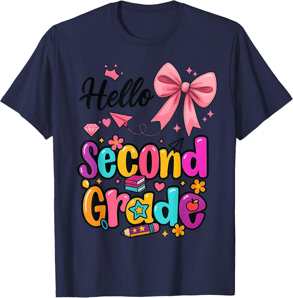 Hello Second Grade Preppy Back to School Boy Girl TeacherTee T-Shirt - Navy Blue