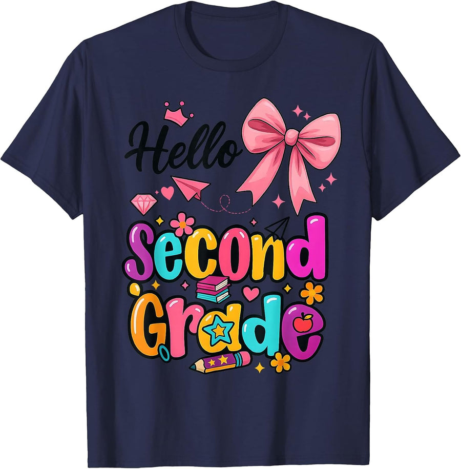 Hello Second Grade Preppy Back to School Boy Girl TeacherTee T-Shirt - Navy Blue