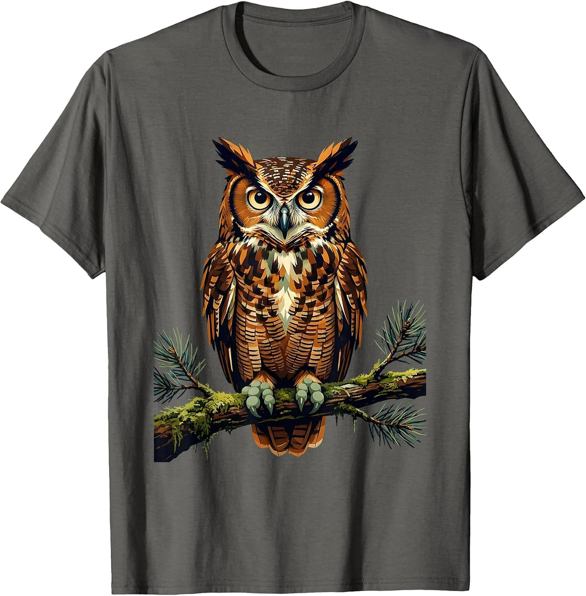 Men's Owl on Mossy Branch Camping Nature Illustration T-Shirt - Asphalt Grey