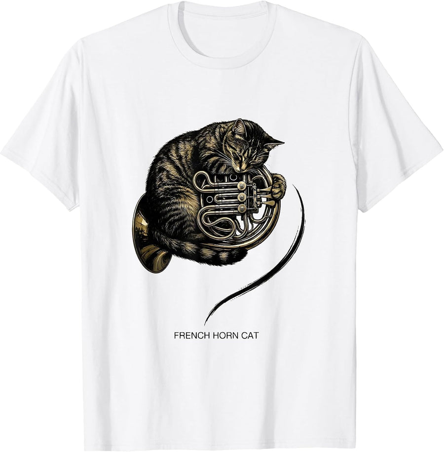 Men's French Horn Cat Funny Cat Music Lover Instrument Humor T-Shirt - White