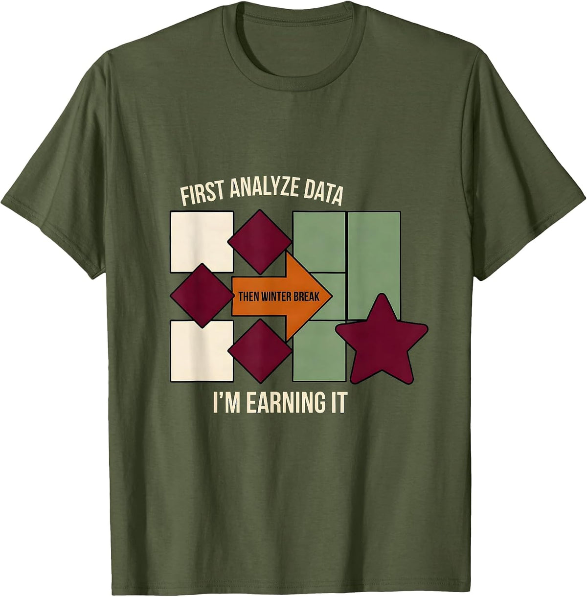 Men's First Analyze Data, Then Winter Break—I'm Earning It Teacher T-Shirt - Olive Green