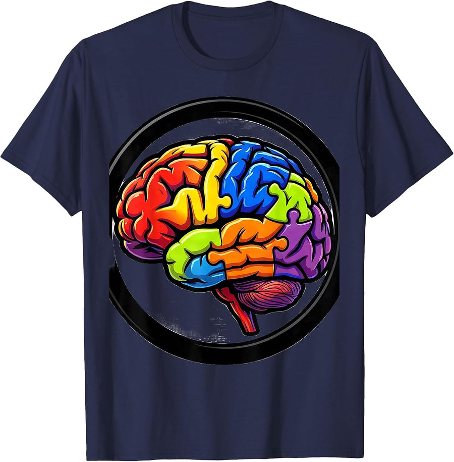 Colorful Puzzle Piece Brain Autism Awareness Design T-Shirt - Navy Blue