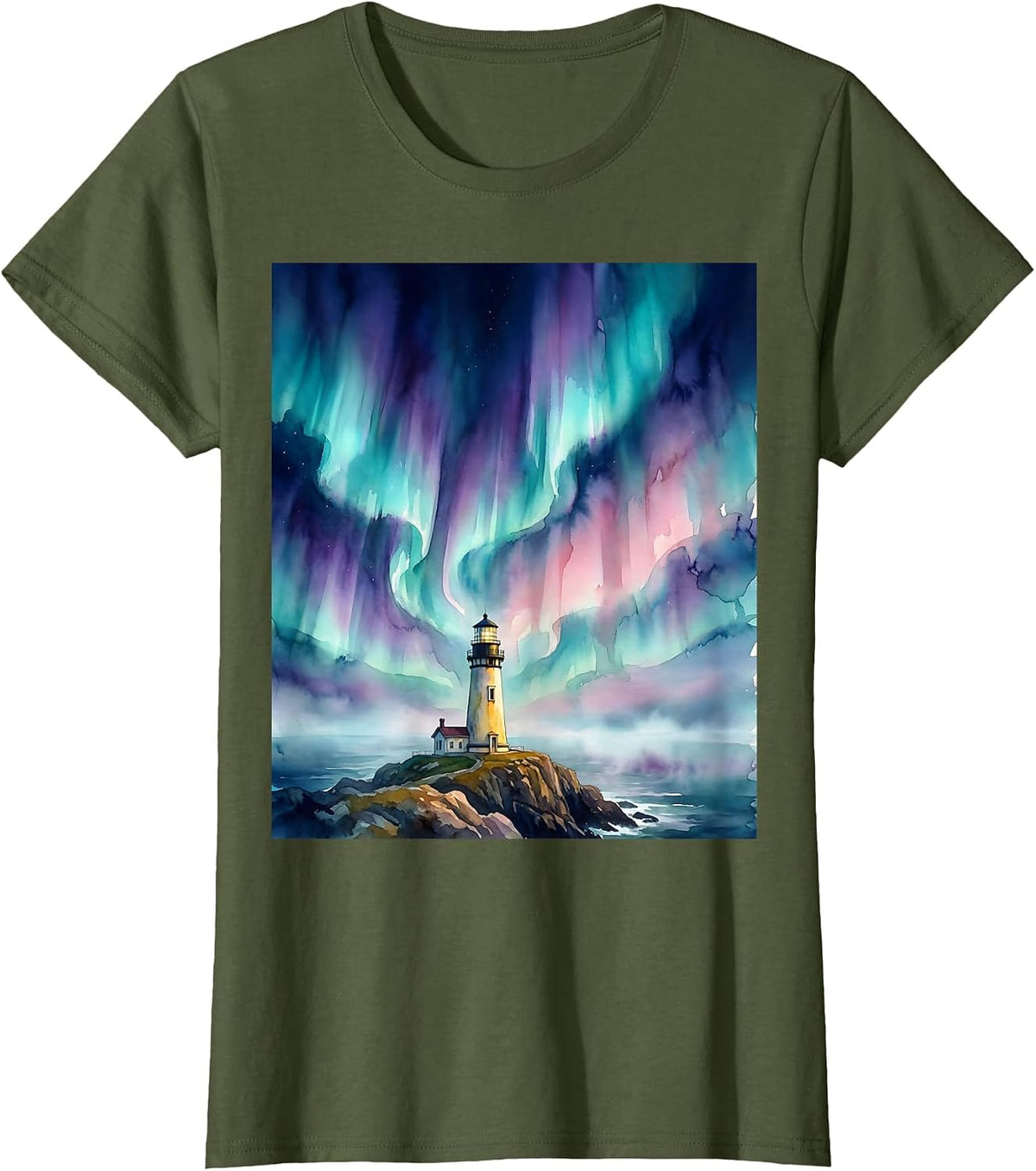 Women's Autism Awareness Lighthouse Aurora Borealis Design T-Shirt - Olive Green