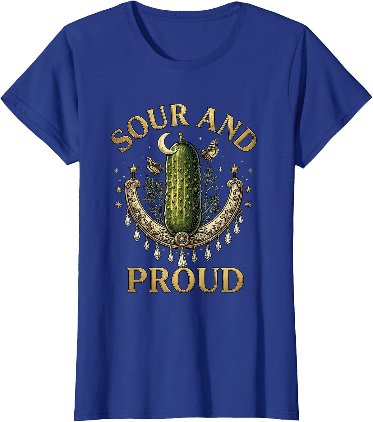 Women's Sour and Proud Funny Pickle Graphic Design T-Shirt - Royal Blue