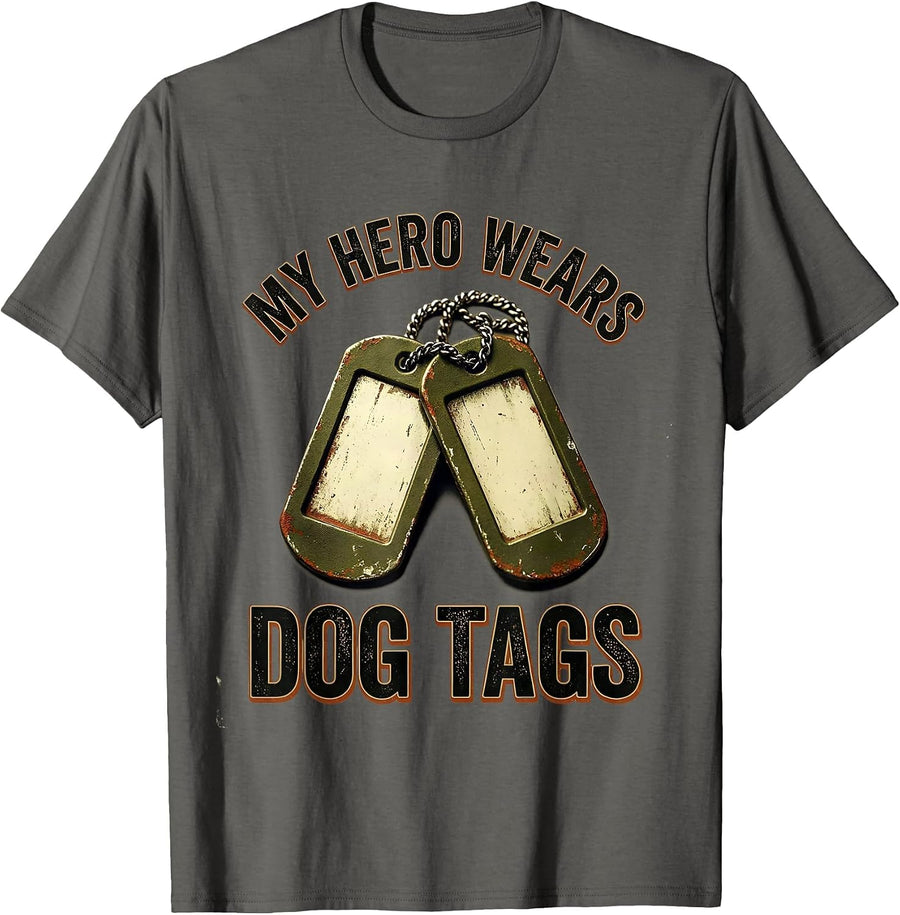 My Hero Wears Dog Tags Vintage Hero Tribute Role T-Shirt - Asphalt Grey