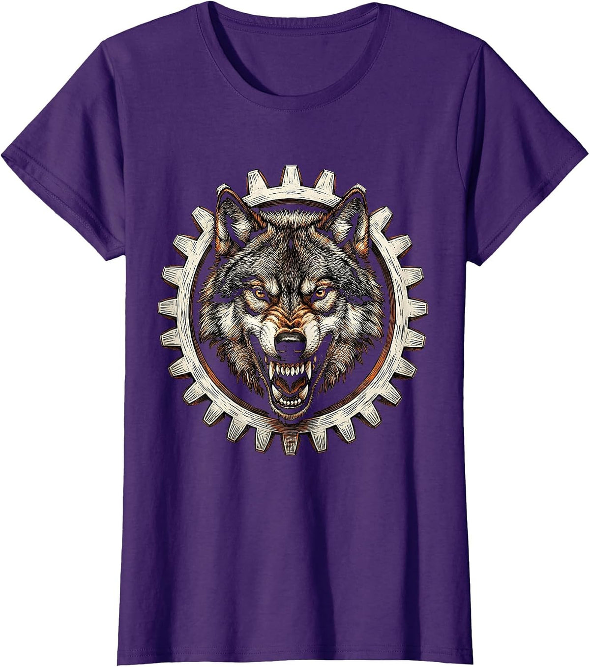 Women's Wolf Head Motorcycle Sprocket Gear Graphic T-Shirt - Purple
