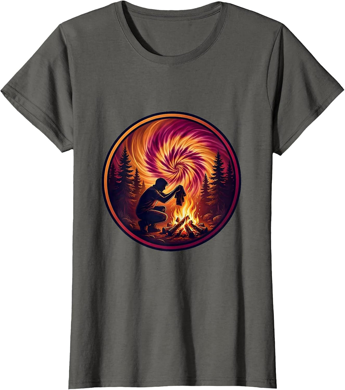 Women's Tie Dye Campfire Forest Graphic T-Shirt - Asphalt Grey