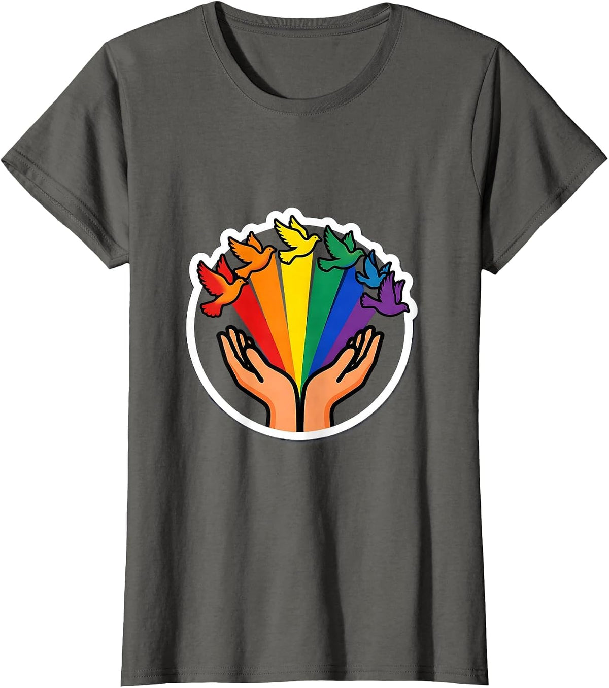 Women's Rainbow Doves Gay Pride Hands Release Illustration T-Shirt - Asphalt Grey