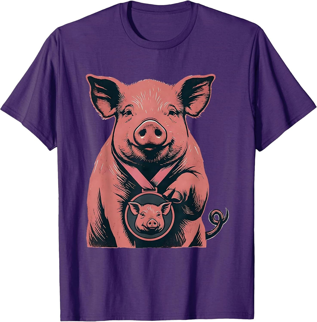 Pig Medal Linocut Funny Farm Animal Lover Gift T-Shirt - Purple