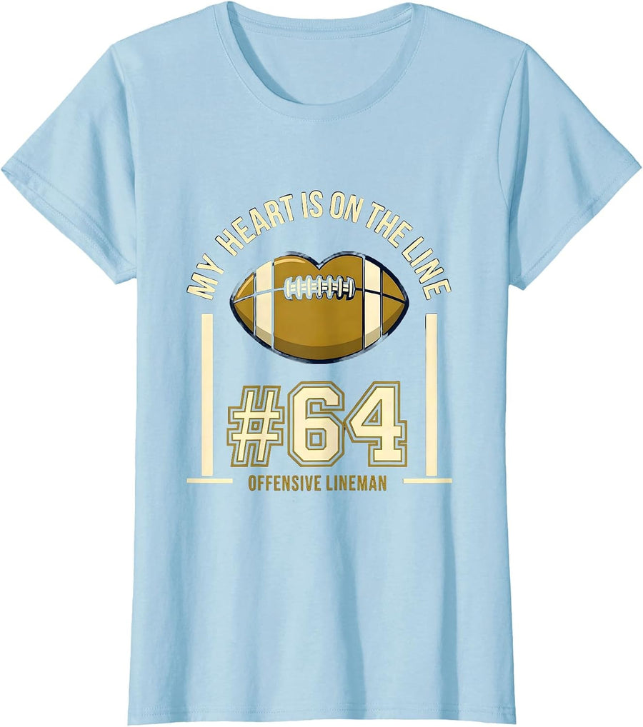 Women's My Heart Is On The Line Offensive Lineman 64 Football Mom T-Shirt - Baby Blue