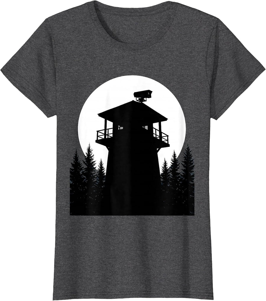 Women's Guard Tower Silhouette Full Moon Security Design T-Shirt - Dark Heather Grey