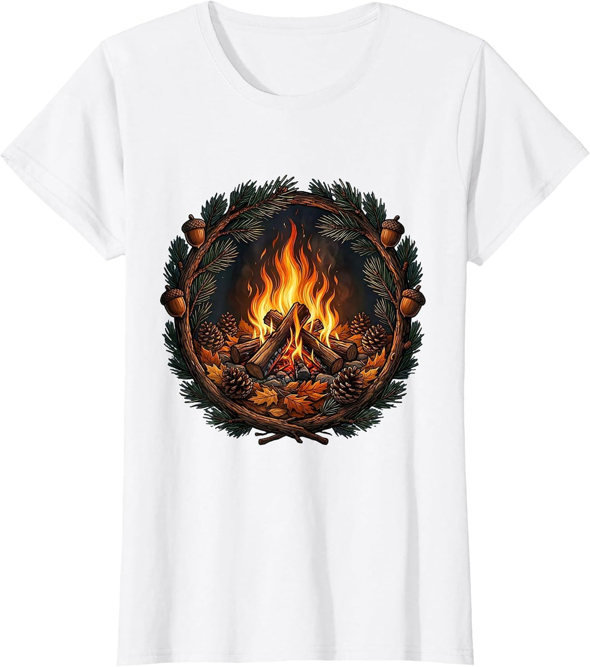 Women's Fall Campfire Pine Cone Autumn Nature Illustration T-Shirt - White
