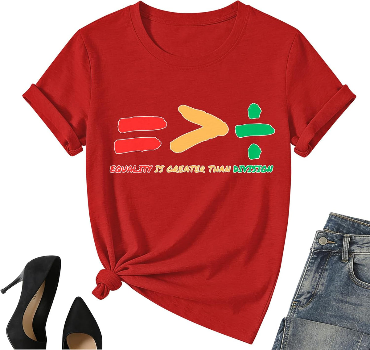 Juneteenth Shirt Women-Black History Month Short Sleeve African American Equality is Greater Than Division Tee Tops - Red-1