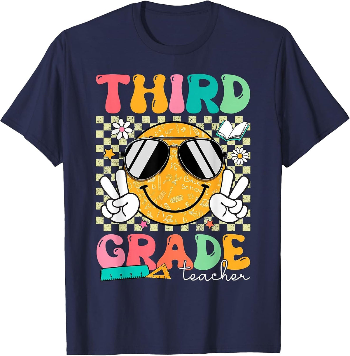 Third 3rd Grade Teacher Smile Face Back to School Groovy T-Shirt - Navy Blue