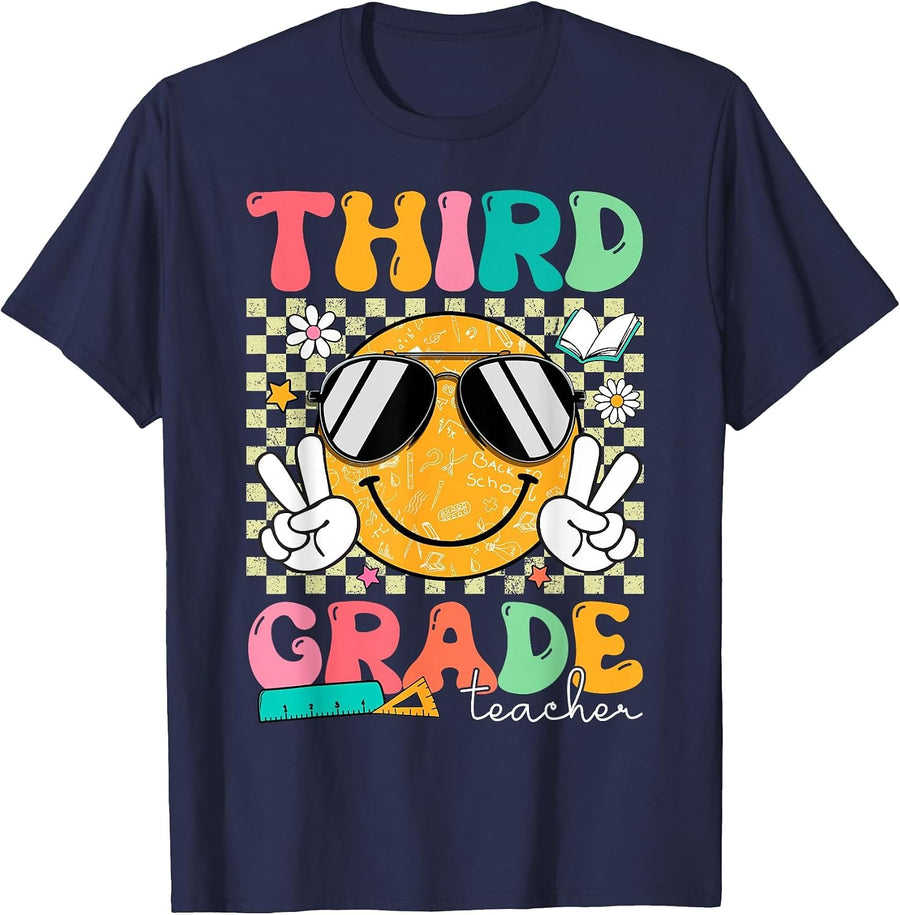 Third 3rd Grade Teacher Smile Face Back to School Groovy T-Shirt - Navy Blue