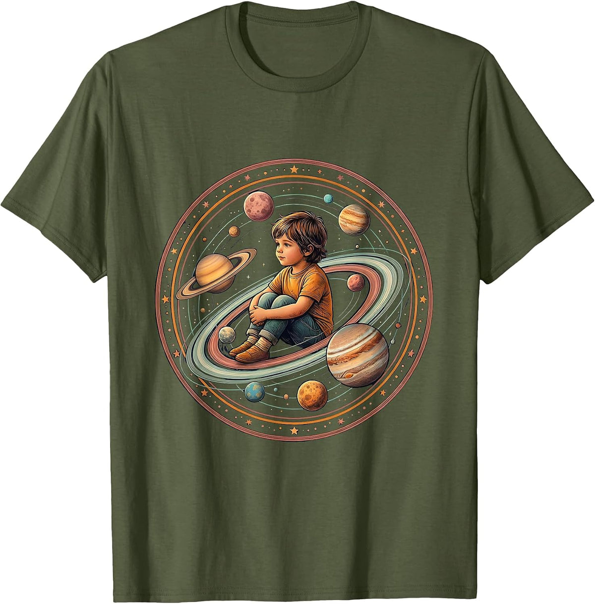 Autism Awareness Child Among the Planets T-Shirt - Olive Green
