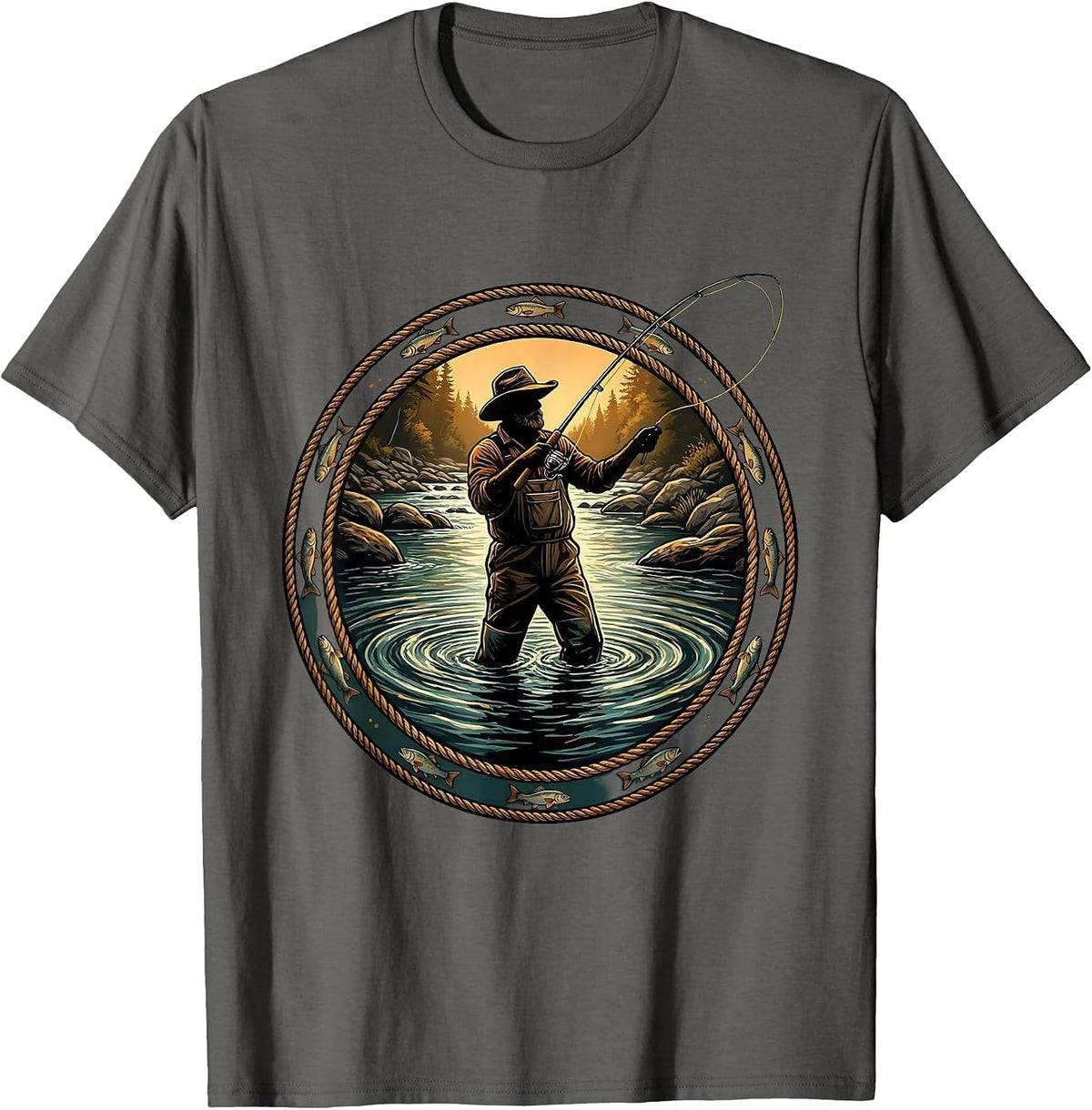 Fly Fishing Waders Deep River Fisherman Graphic T-Shirt - Asphalt Grey