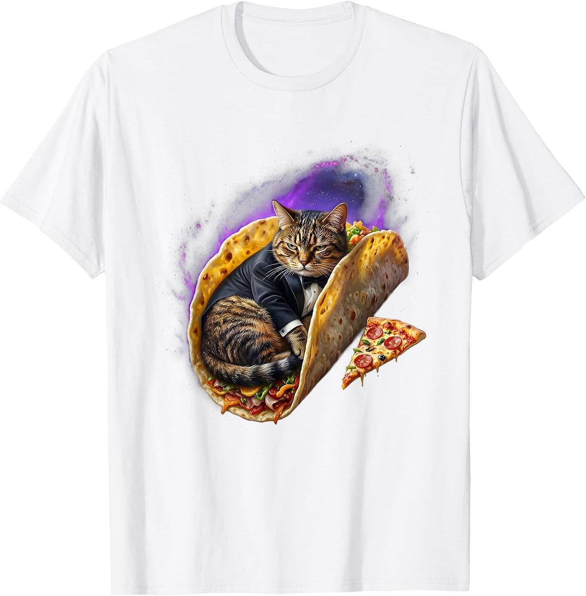 Men's Deadpan Tuxedo Cat In Space Funny Pizza Taco Meme T-Shirt - White