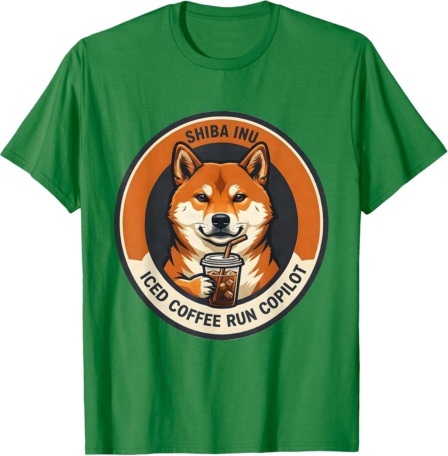 Men's Shiba Inu Iced Coffee Run Copilot Funny Pet Lover Humor T-Shirt - Kelly Green