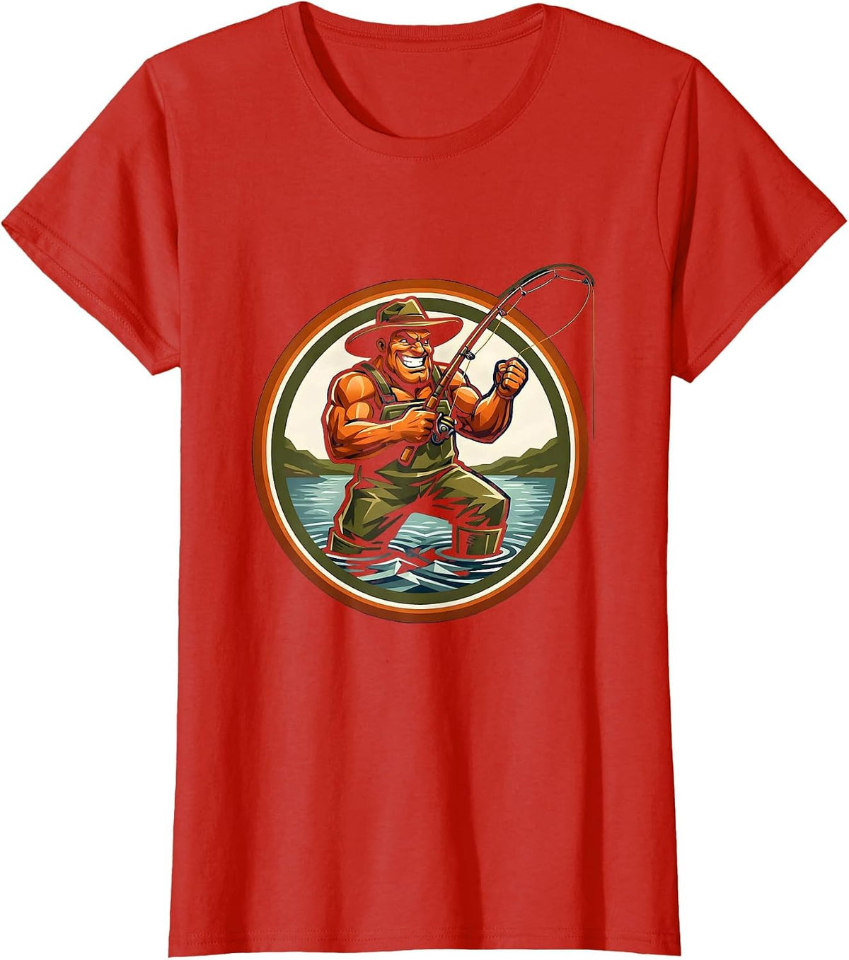 Fly Fishing Waders Stream Fisherman Graphic T-Shirt - Red