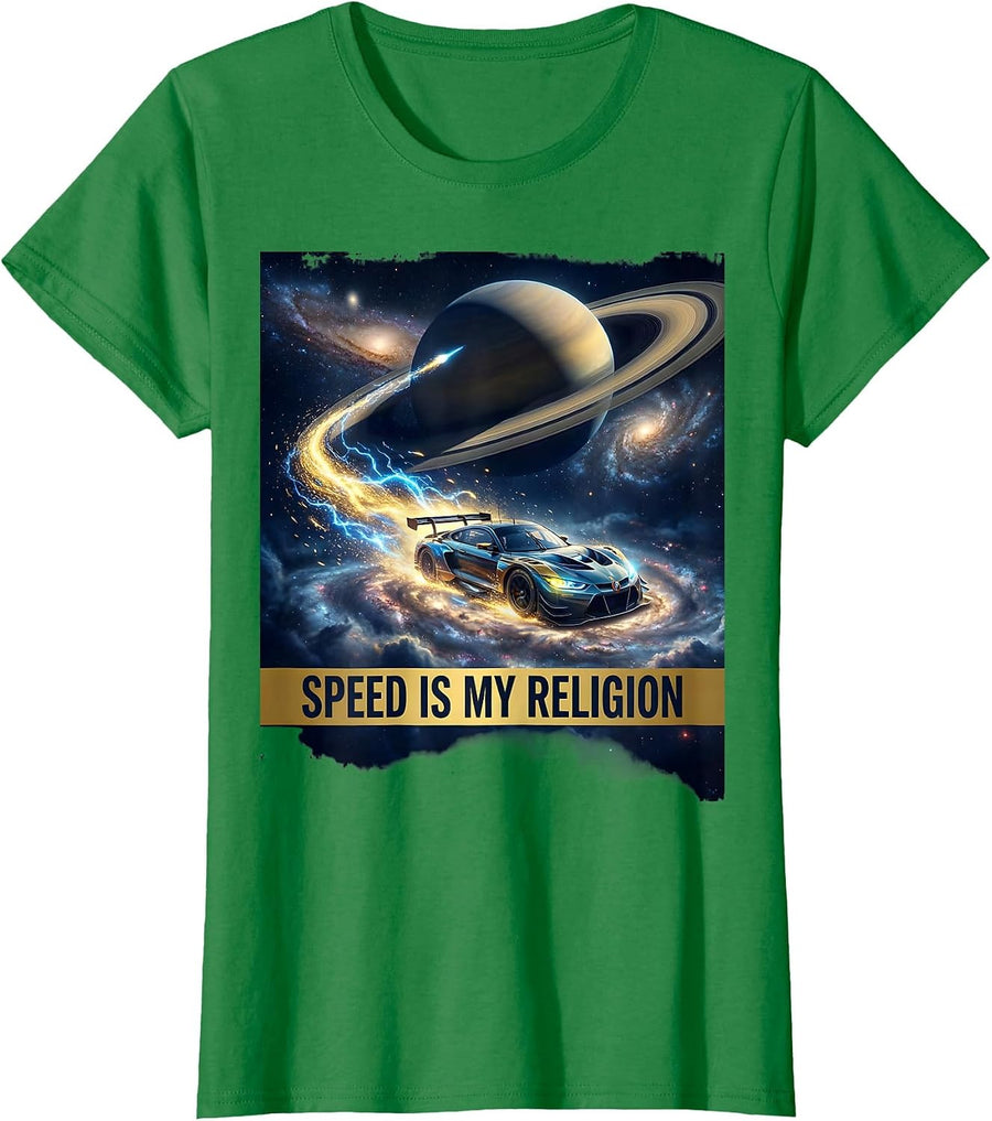 Women's Speed Is My Religion Racing Graphic Design T-Shirt - Kelly Green