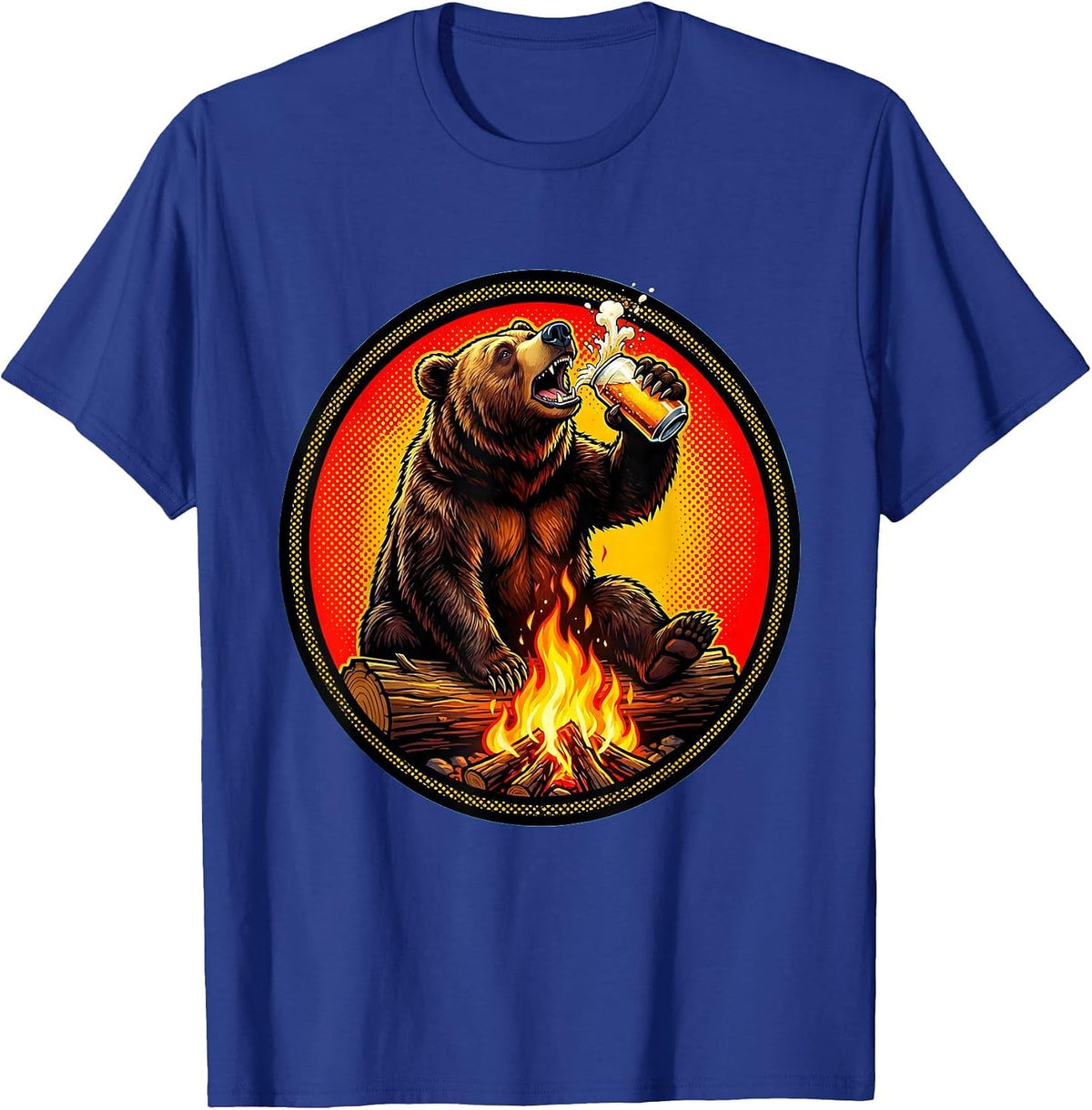 Men's Funny Bear Chugging Beer Campfire Graphic T-Shirt - Royal Blue