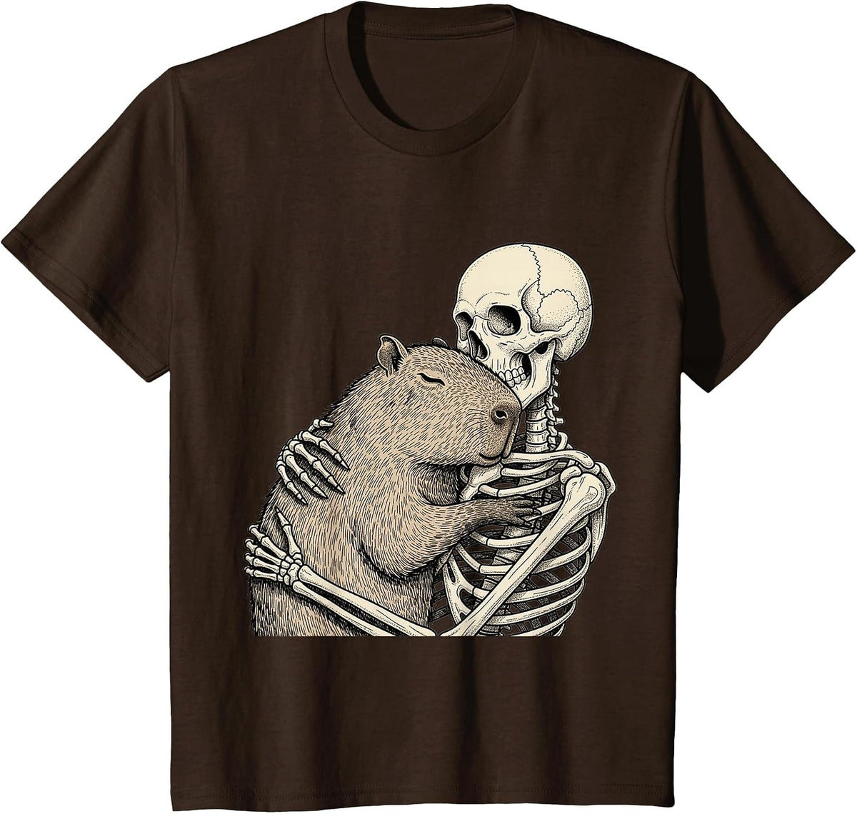 Skeleton Hugging Capybara Halloween Capy Lover Spooky Season T-Shirt - Brown