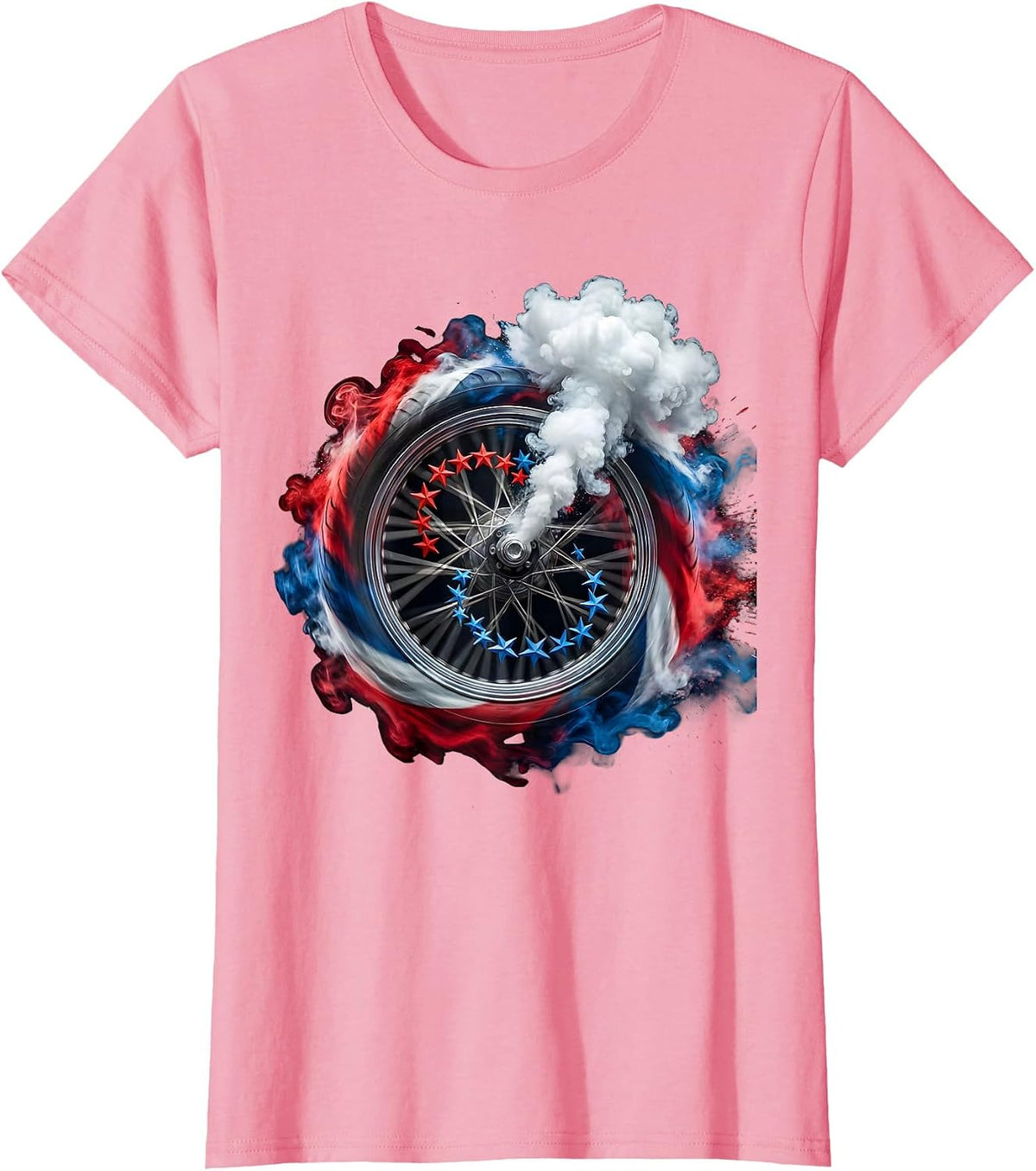 Women's Stars and Stripes Motorcycle Wheel Graphic T-Shirt - Pink