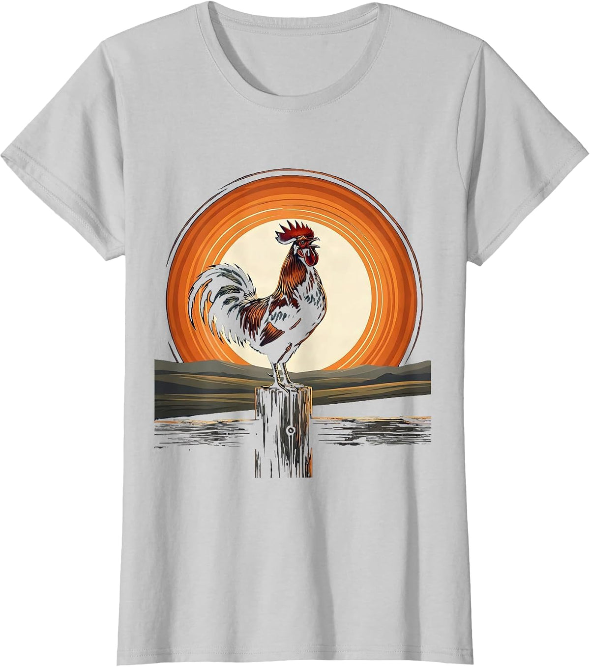 Women's Rooster Crowing on Fence Post Graphic T-Shirt - Silver Grey