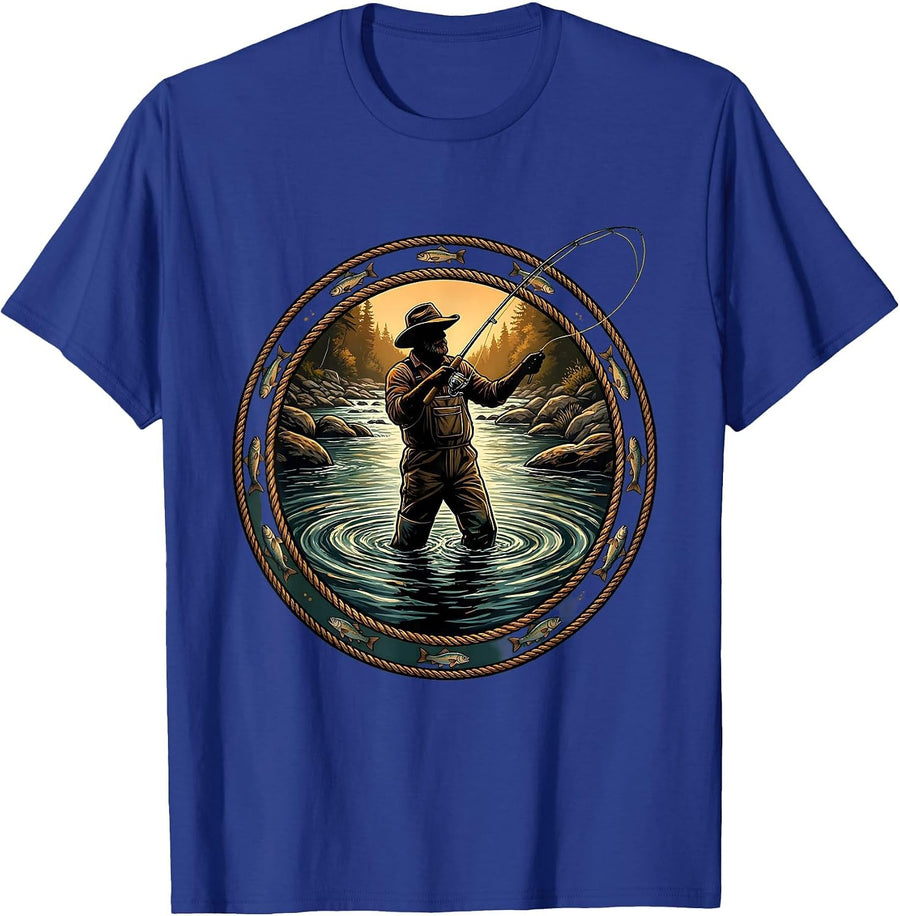 Fly Fishing Waders Deep River Fisherman Graphic T-Shirt - Royal Blue