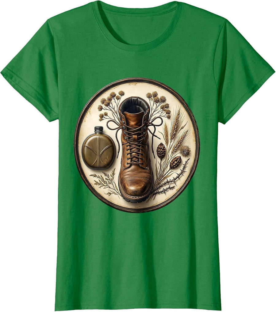 Women's Safari Campfire Boots and Canteen Night Scene T-Shirt - Kelly Green