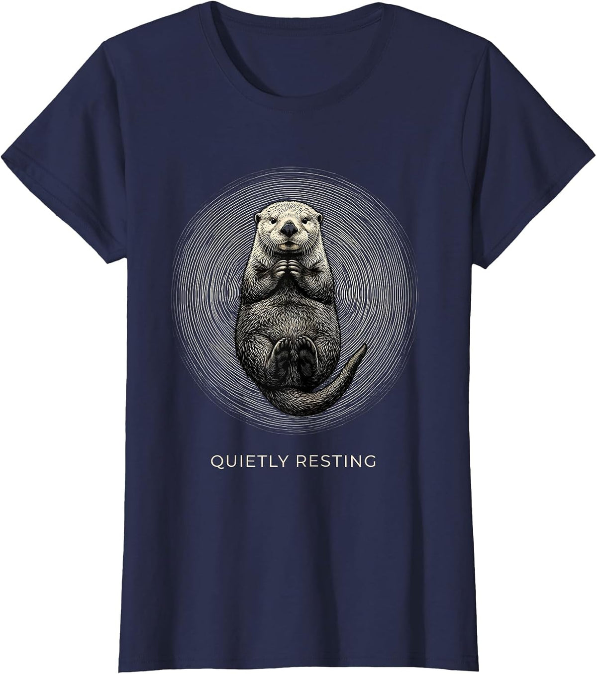 Women's Quietly Resting Tactile Monochrome Otter Animal Lover Humor T-Shirt - Navy Blue