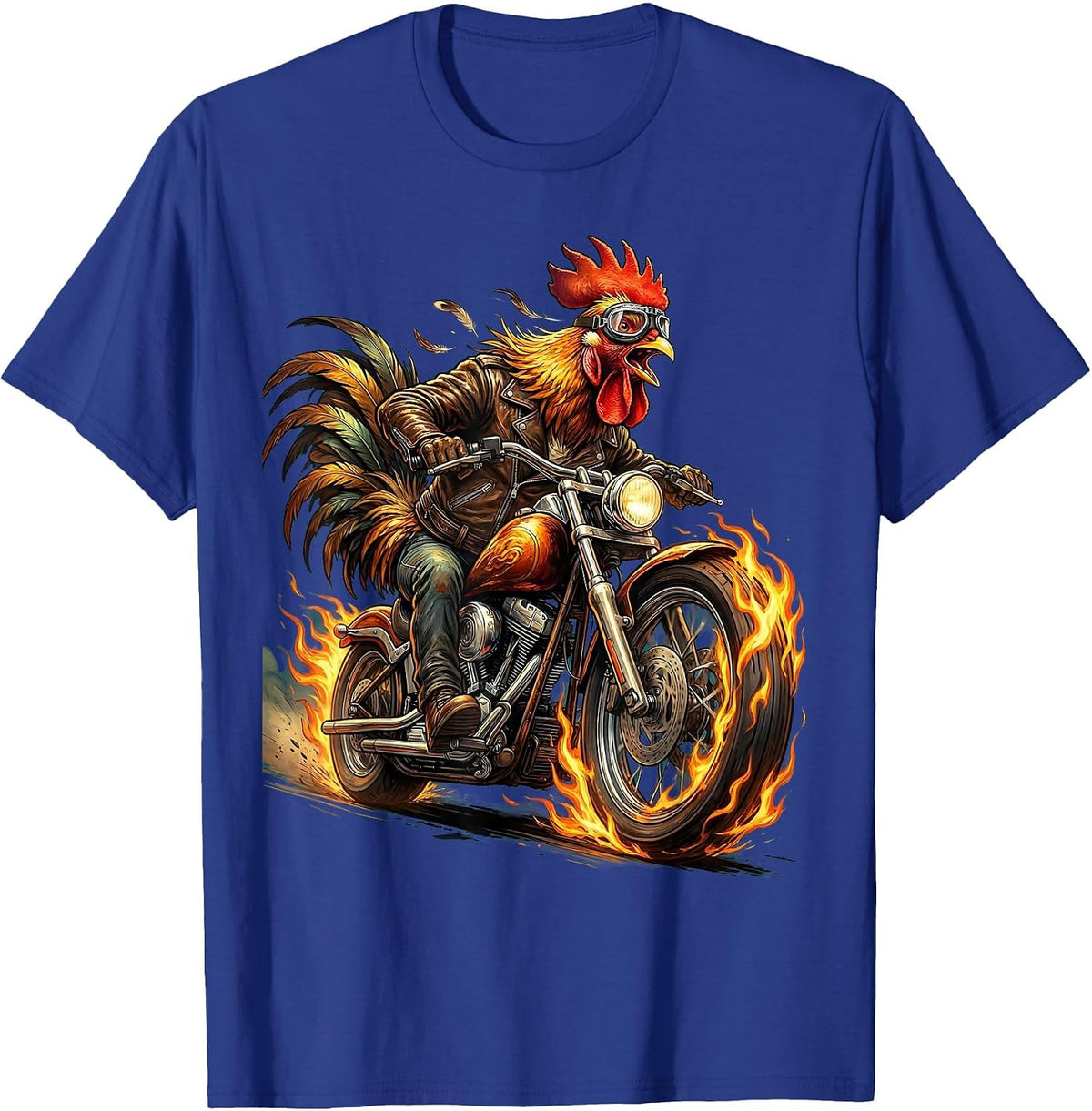 Flaming Motorcycle Chicken Graphic Tee T-Shirt - Royal Blue