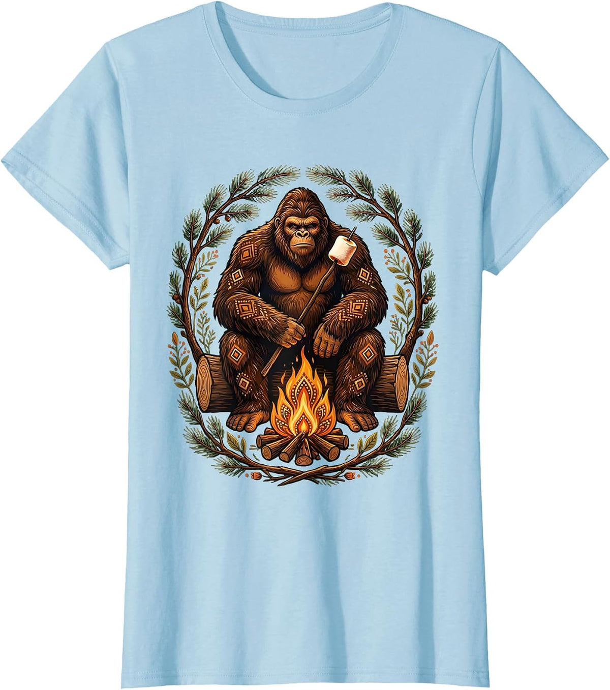 Sasquatch Roasting Marshmallow Over Campfire T-Shirt - Baby Blue
