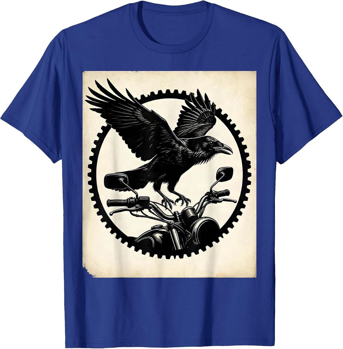Raven on Rusted Motorcycle Handlebar Biker Art T-Shirt - Royal Blue
