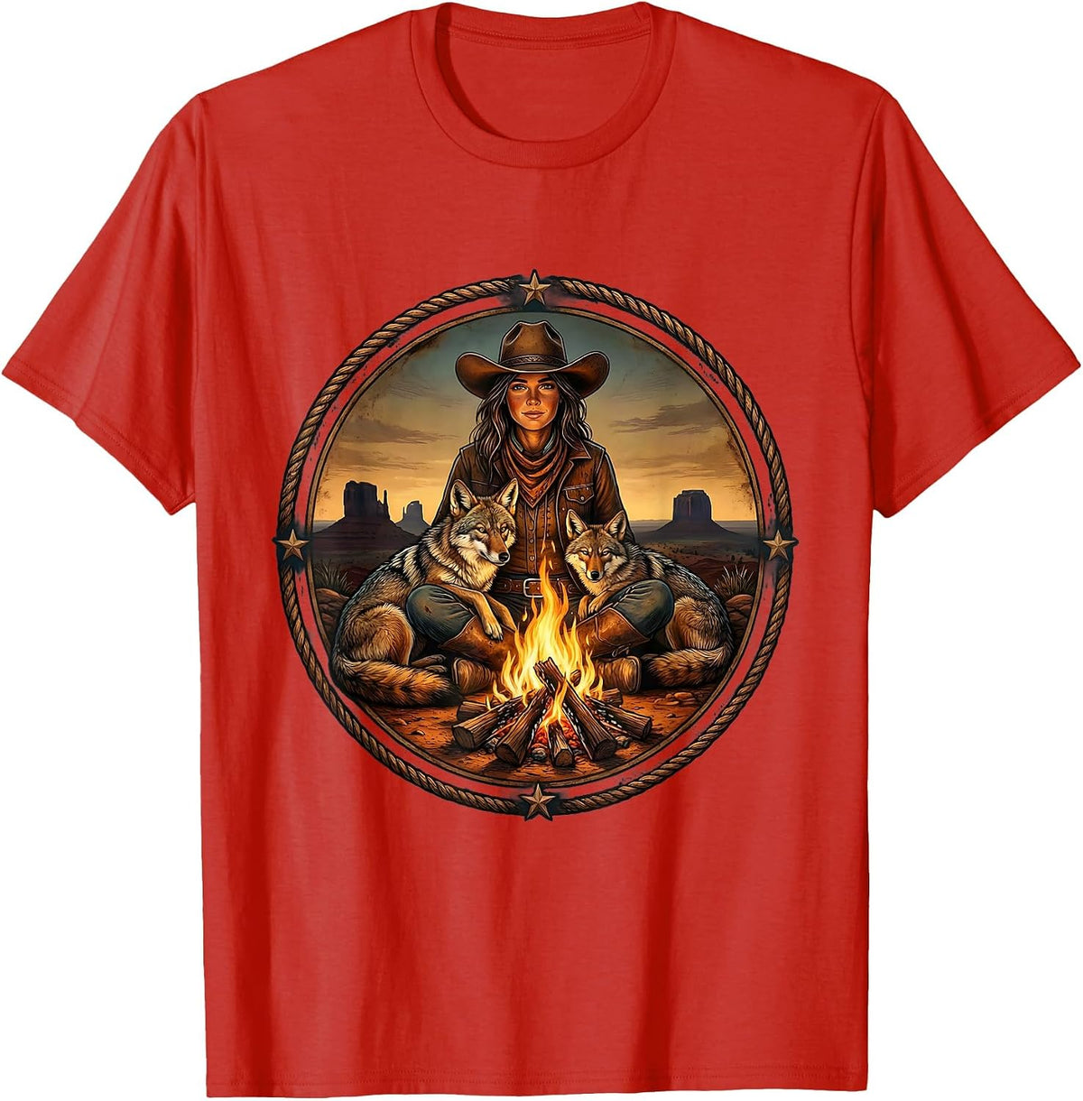 Men's Cowgirl Campfire Coyote Western Night Scene T-Shirt - Red
