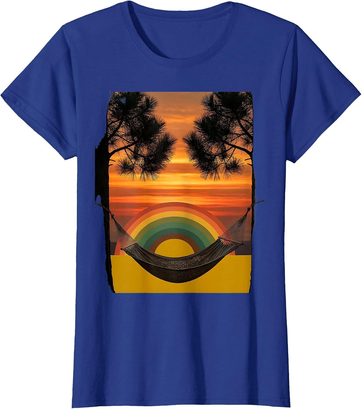 Women's Hammock Pine Trees Camping Illustration T-Shirt - Royal Blue